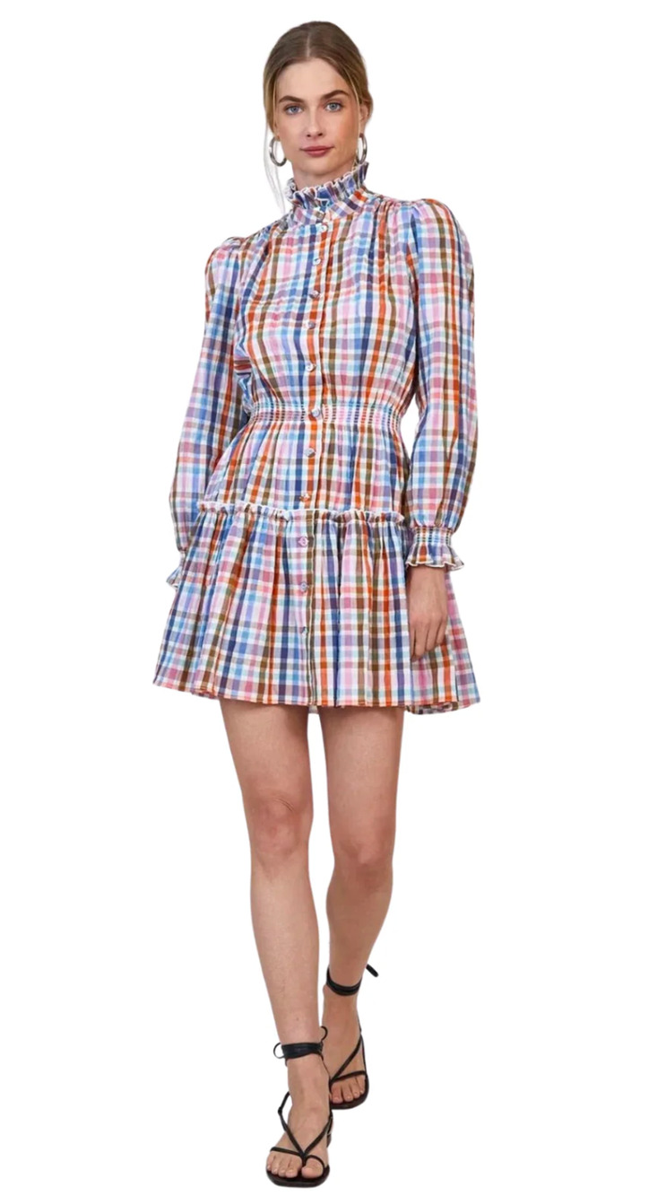 Hunter Bell Tuckernuck Joplin Mini Dress Multi Gingham Plaid Smocked Ruffle L